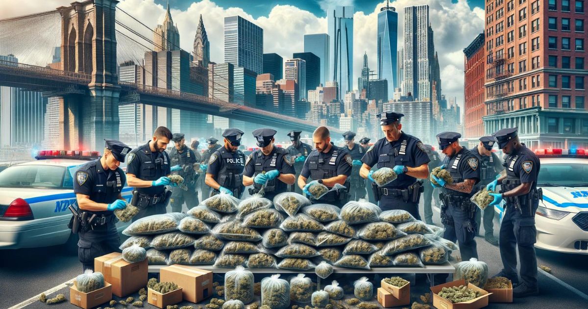 policjanci konfiskujący marihuanę w Nowym Jorku