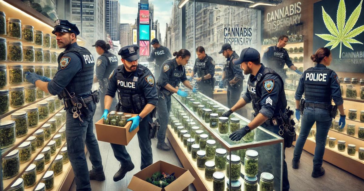 policjanci zamykający dyspensarium w Nowym Jorku