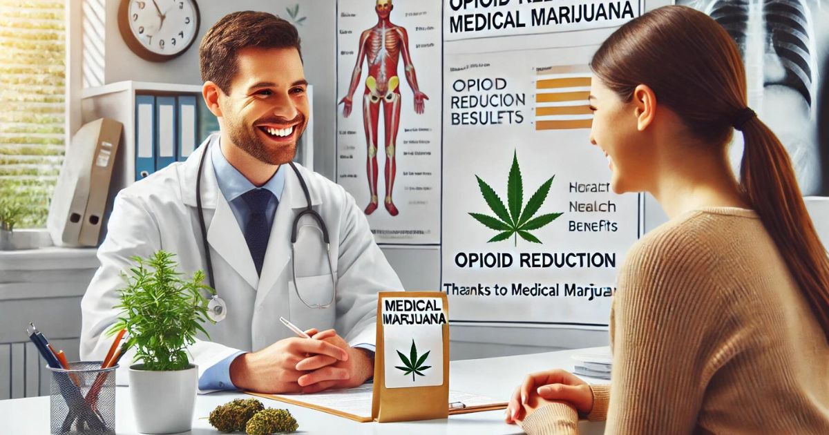 Lekarz omawia z pacjentem wyniki badań dotyczących redukcji opioidów dzięki medycznej marihuanie w przyjaznym gabinecie lekarskim, z opakowaniami marihuany medycznej na biurku i edukacyjnym plakatem na ścianie.