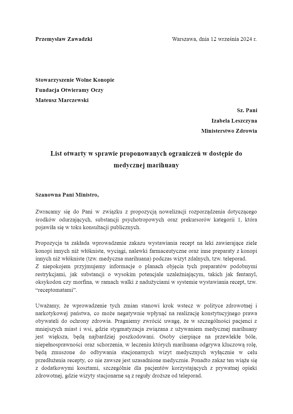 list otwarty do ministerstwa zdrowia
