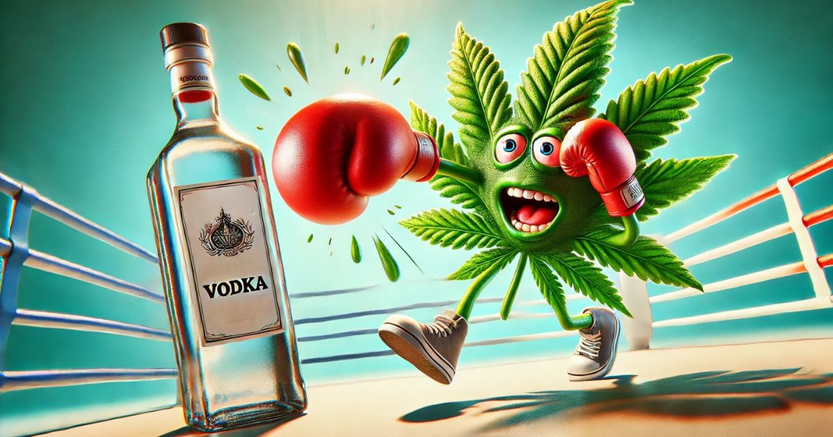 liść marihuany bijący butelkę wódki